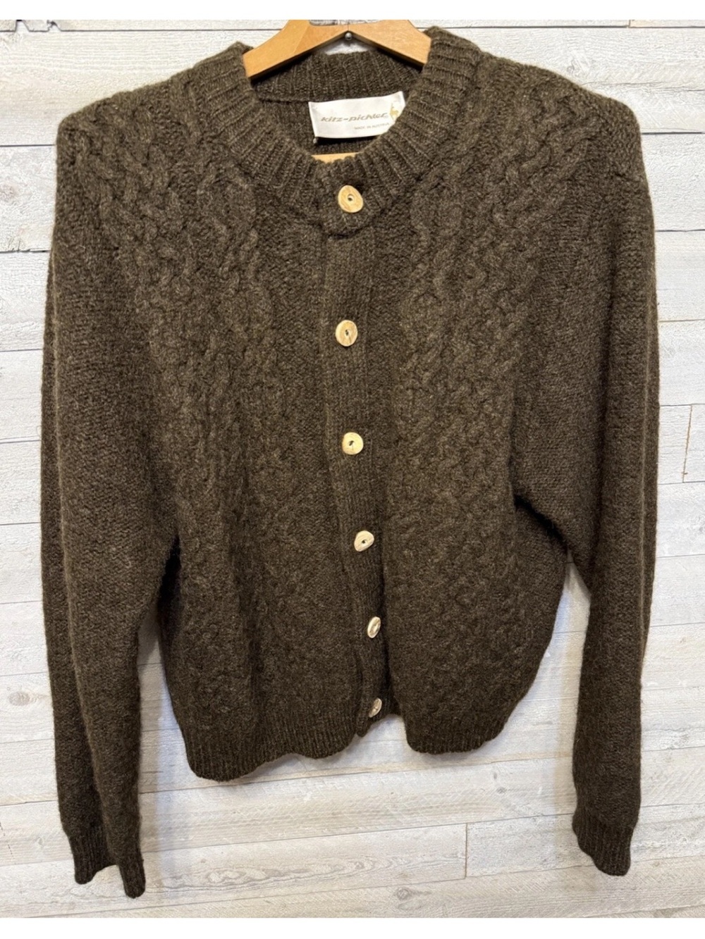 KITZ PICHLER Vintage Cardigan Virgin Pure Wool Brown Size USA 32 Made in AUSTRIA